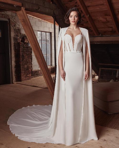 Lp2134 simple crepe wedding dress with cape and spaghetti straps1